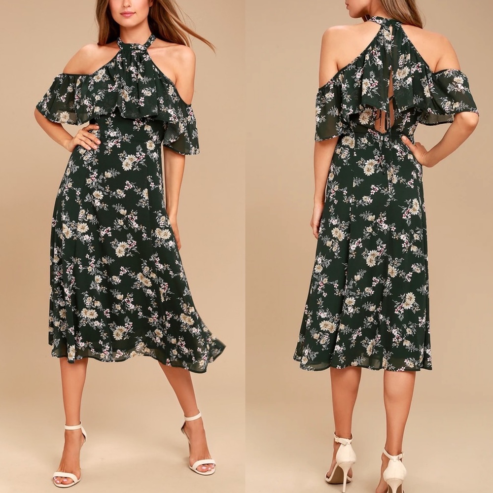 Lulus Happy with You Forest Green Floral Print Midi Dress